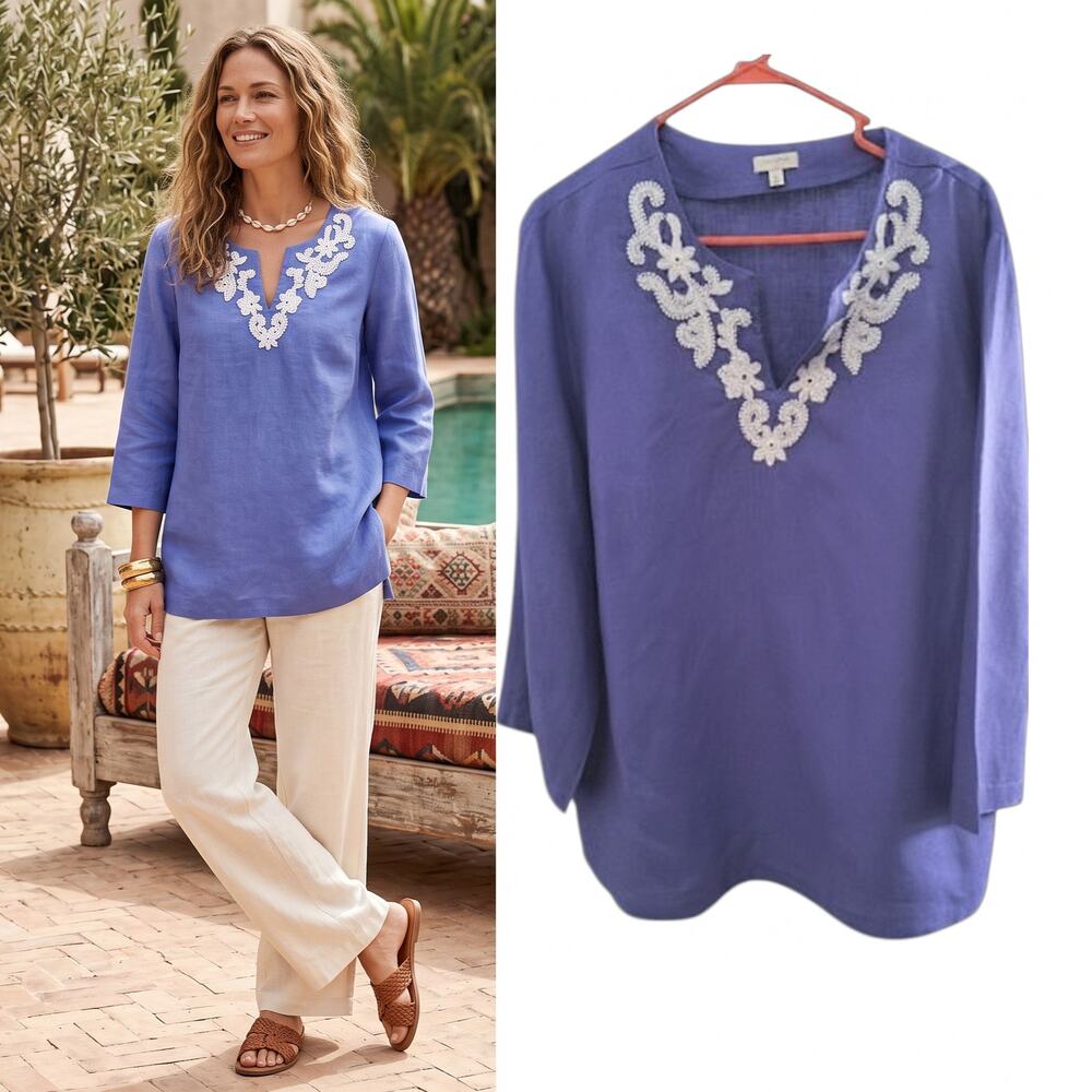 Talbots Beaded 100% Linen Tunic Top Sz XL Purple 3/4 Sleeve Resortwear Boho